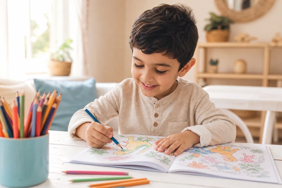 طفل يلوّن كتابه